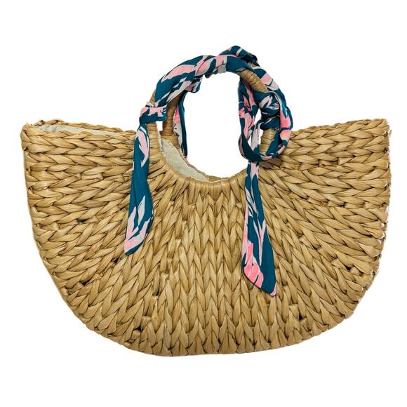 Lilly Pulitzer Monkey Business Half Moon Tan Straw Beach Tote with Floral Scarf - Picture 2 of 10